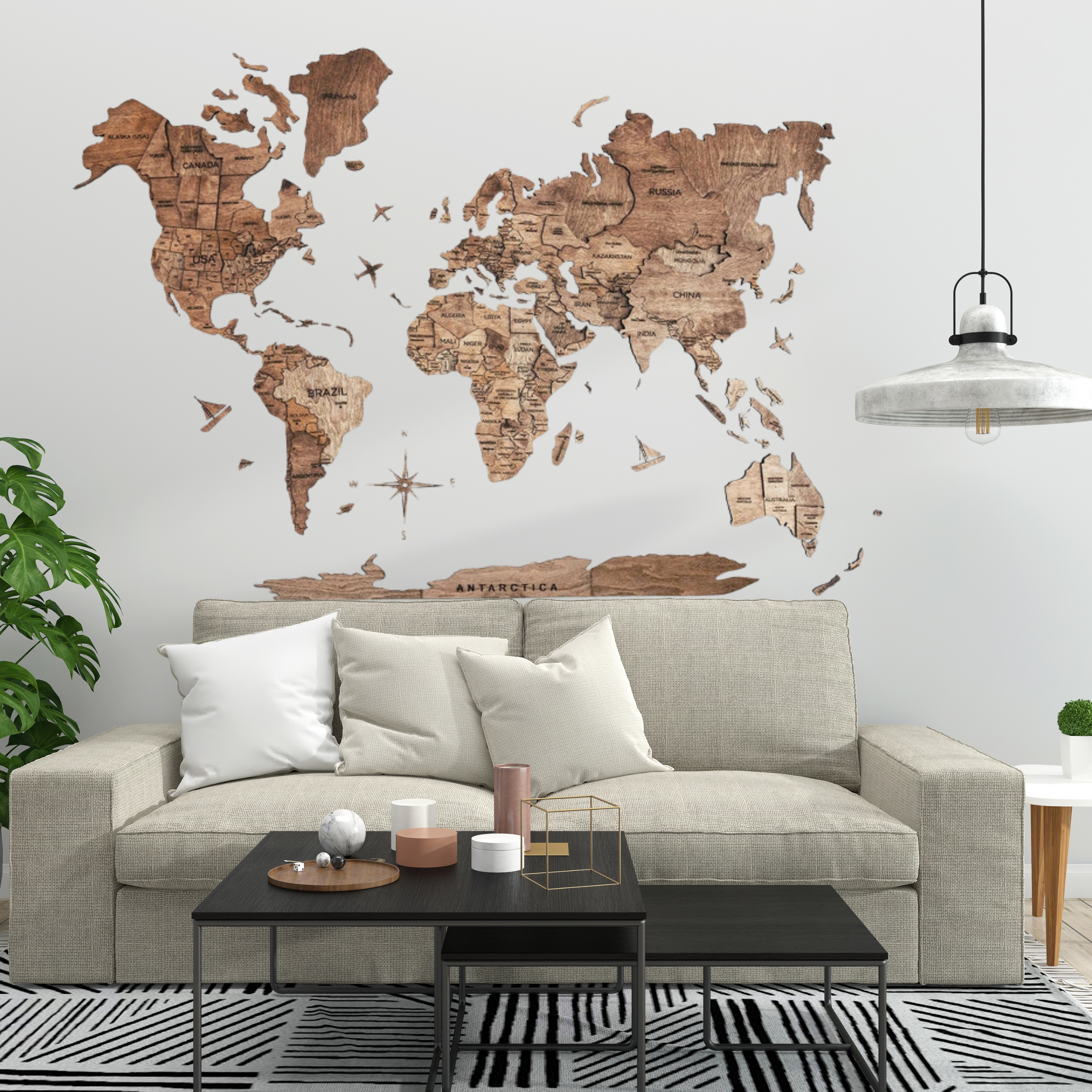 3D Wooden World Map Pine