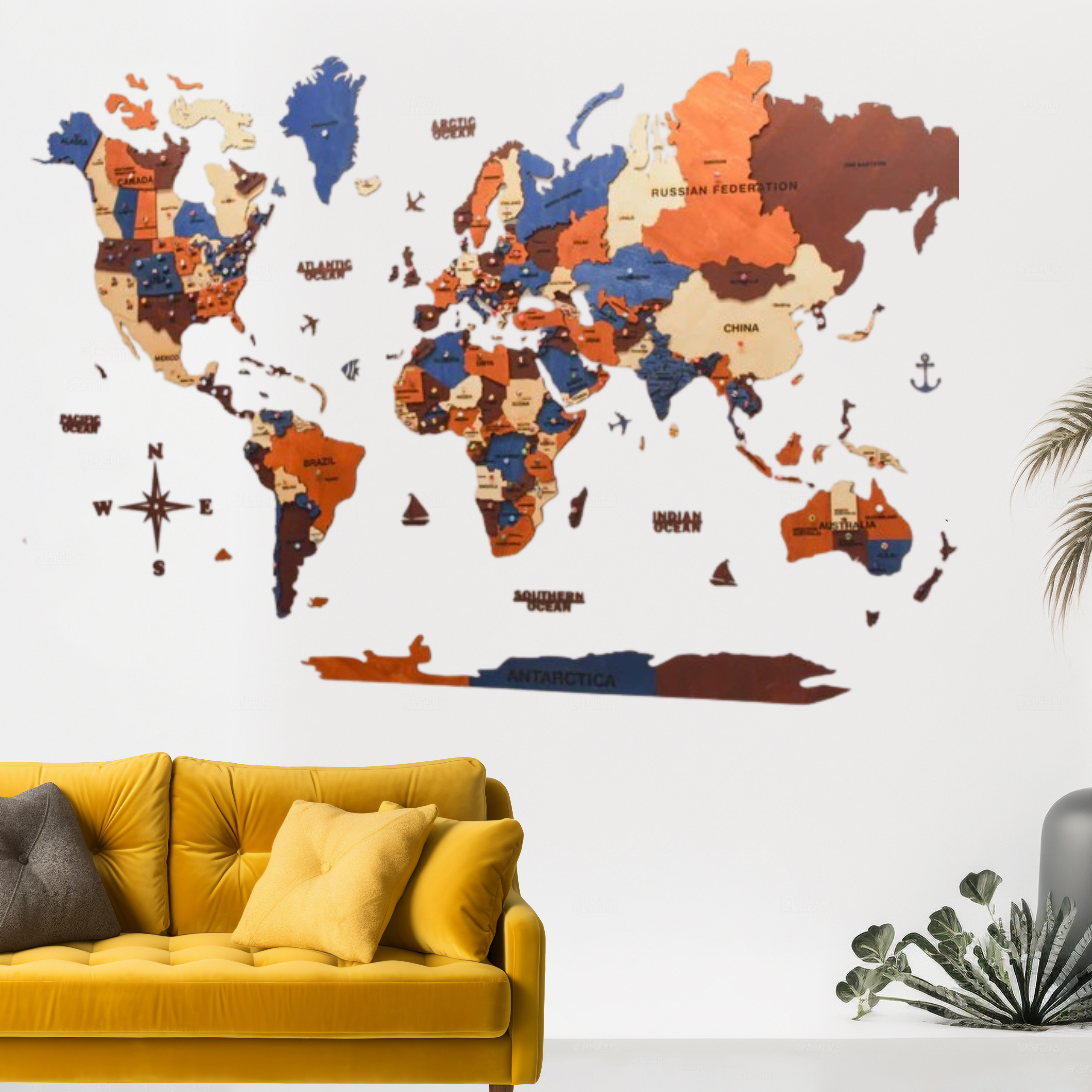 3D Wooden World Map brown & Blue