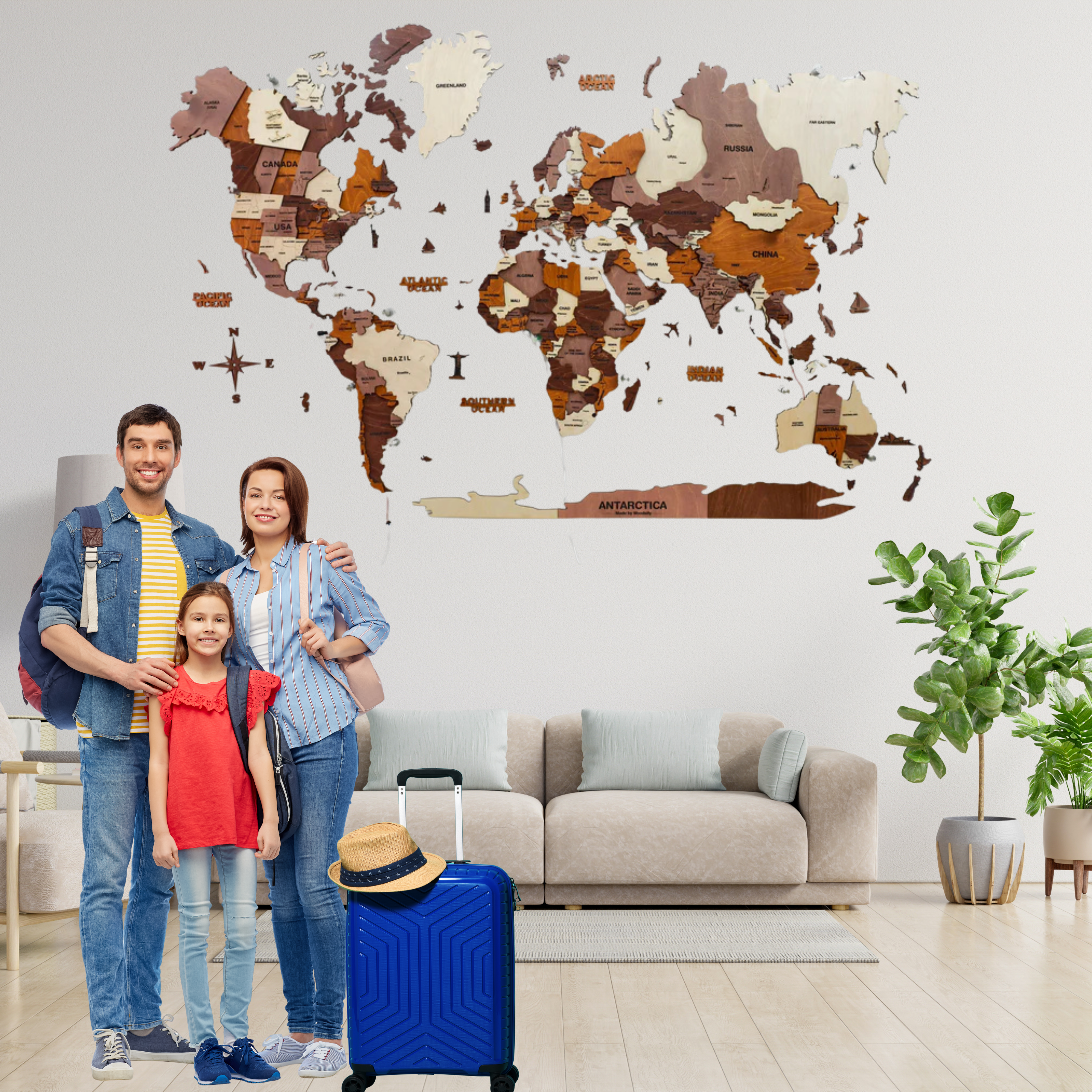 3D Wooden World Map Multicolor