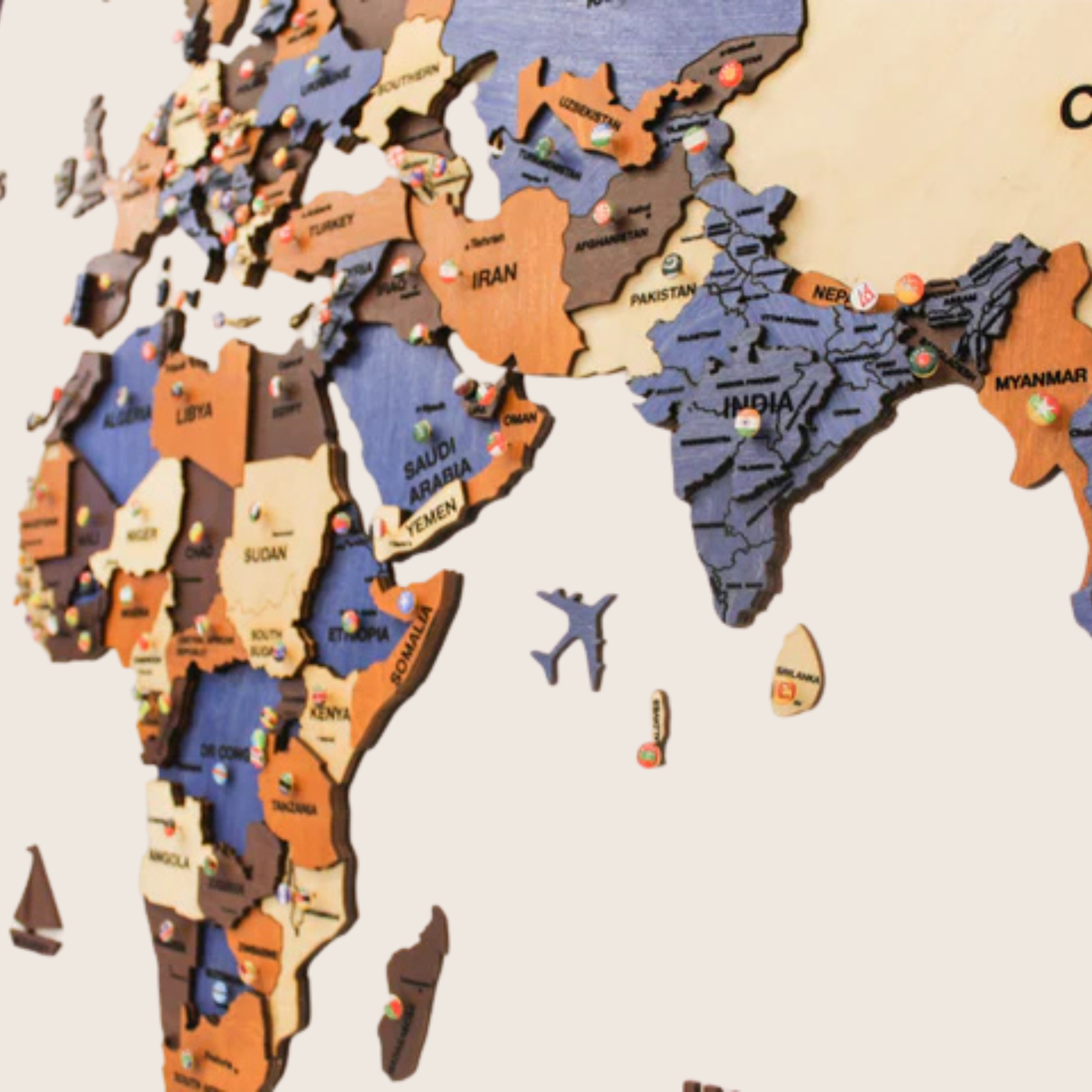 3D Wooden World Map brown & Blue