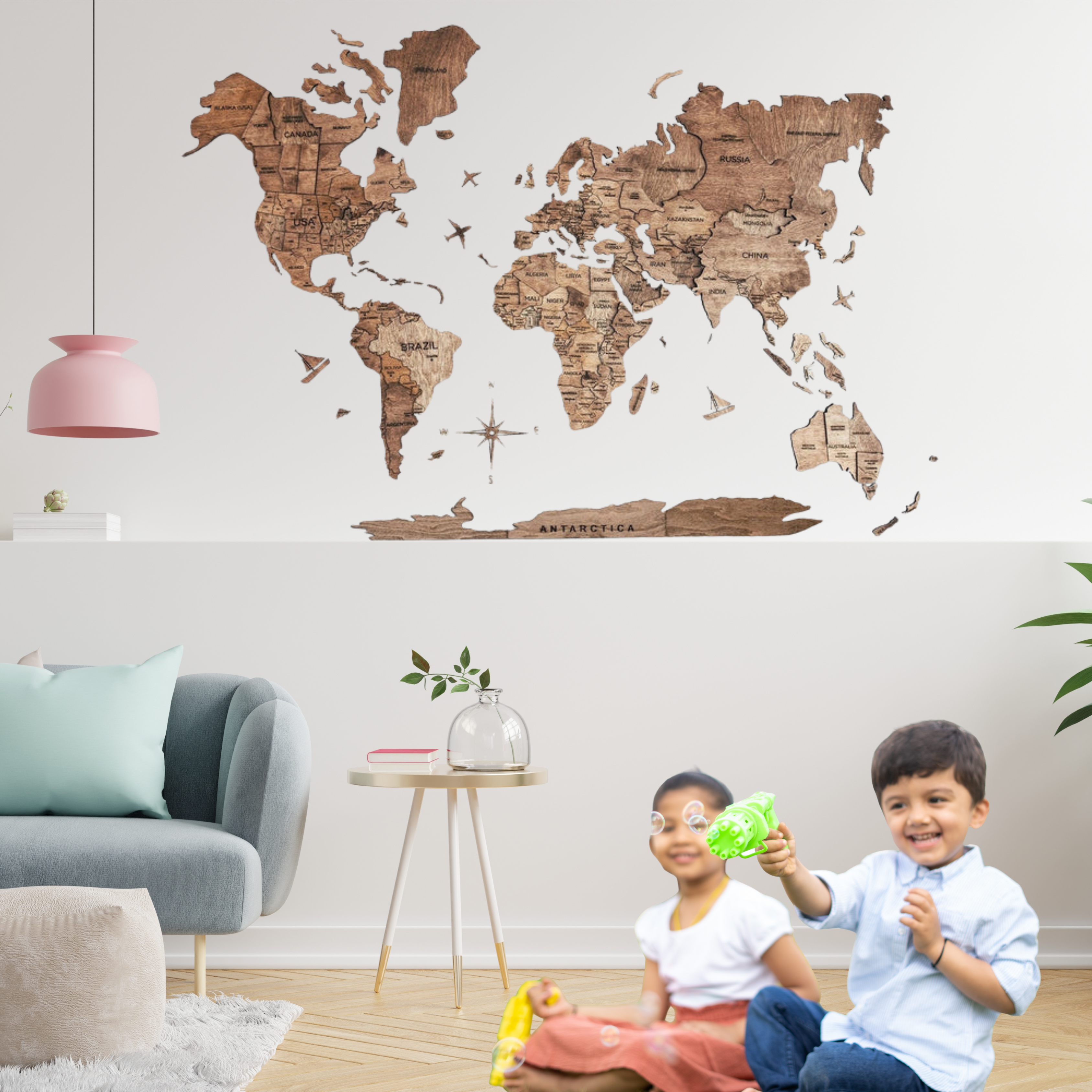 3D Wooden World Map Pine