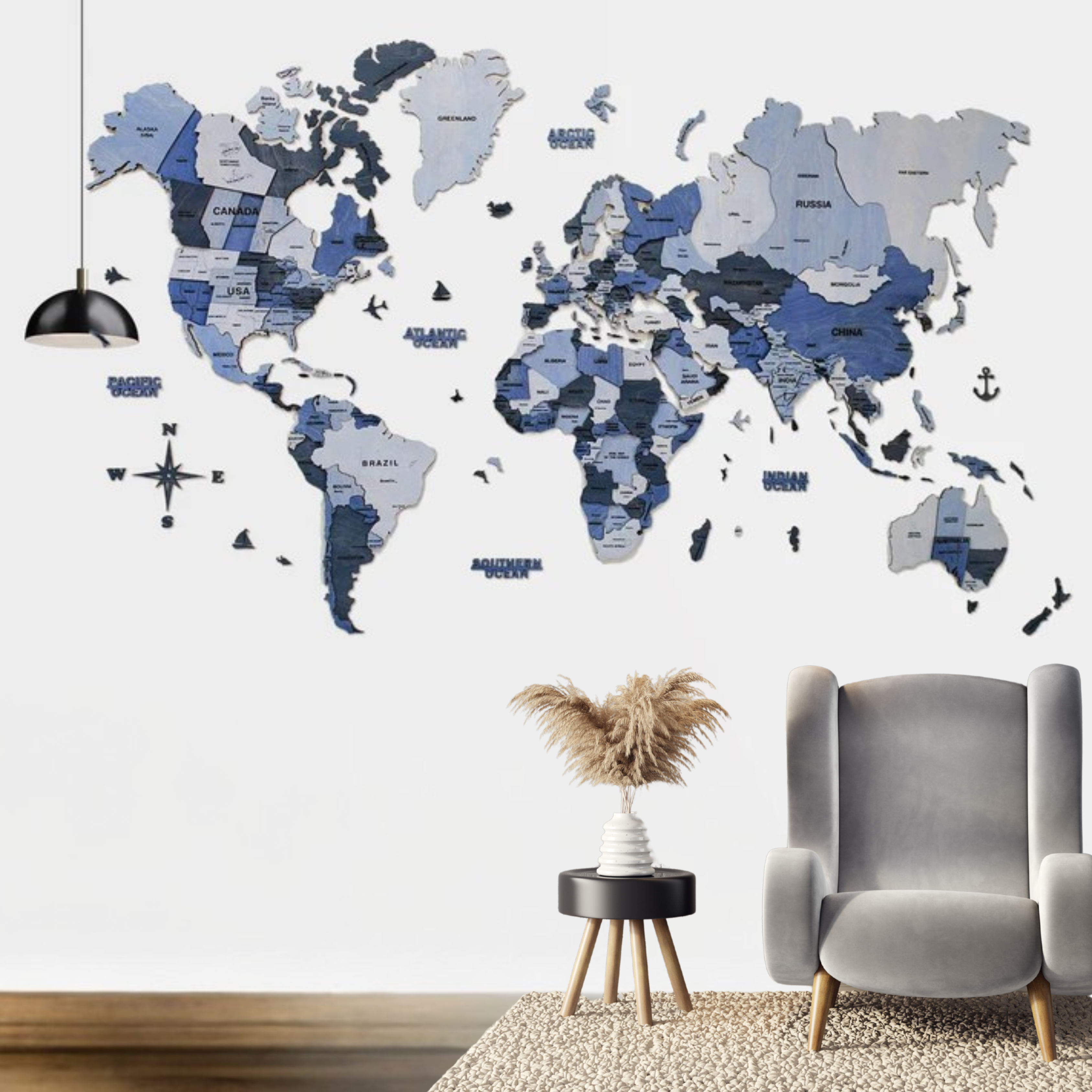 3D Wooden World Map- Blue